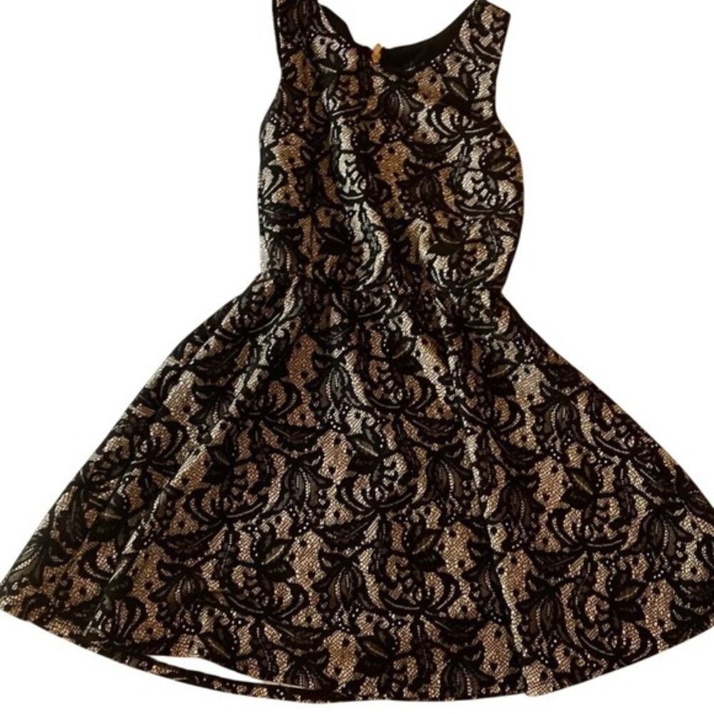 Juniors Heart Soul Black Lace Overlay Fit and Flare Skater Dress Gold Zipper XS
